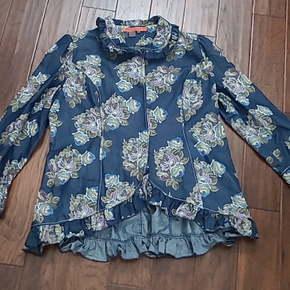 Devine Denim NY Lightweight Floral Denim Jacket with Ruffled Collar & Hem 22W